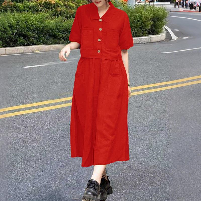 

ZANZEA Женский летний комплект из двух частей: блузка с коротким рукавом и длинные юбки 2XL красный