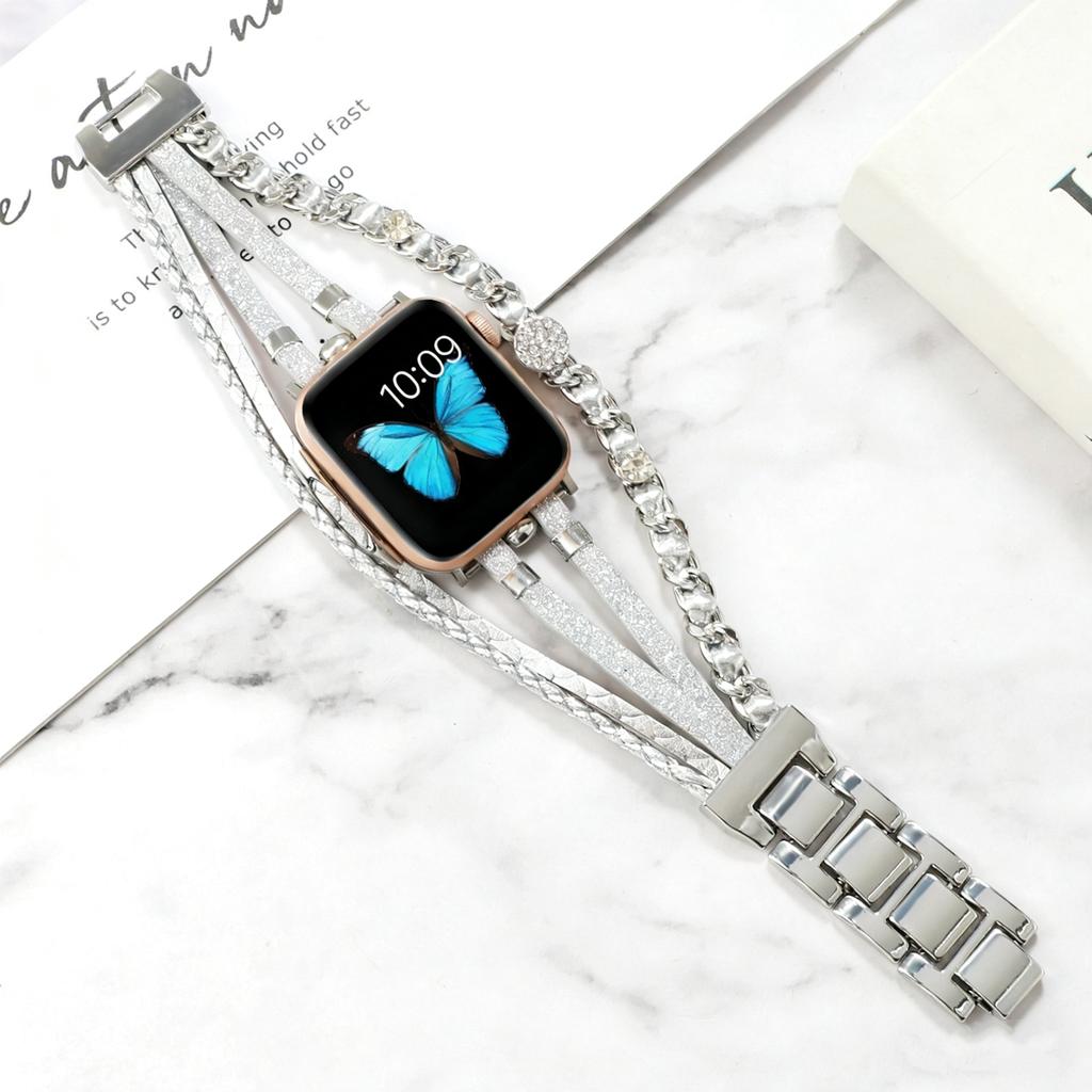 Bling Weave Armband Riemen Lederschlaufe Für Apple Watch Band Damen Serie S11 10 9 8 40mm 41mm 38mm 42mm 44mm 45mm 46mm