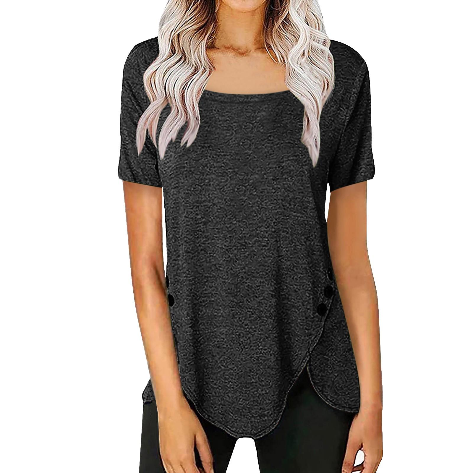 Womens Casual Color Square Neck Short Sleeve Loose Top T-Shirt Blouse M чёрный