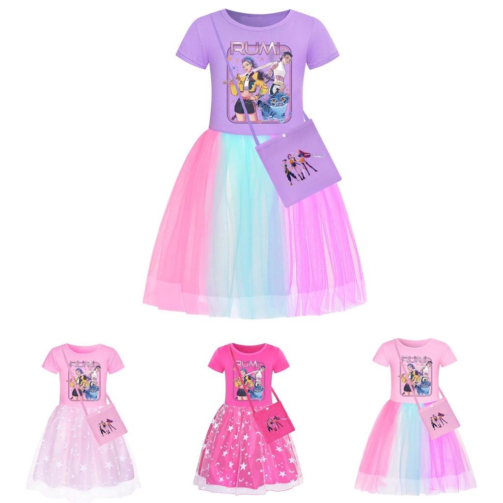 Kpop Demon Hunters Pattern Girl Dress With Cotton Fabric And Pleated Skirt For Kids Girls