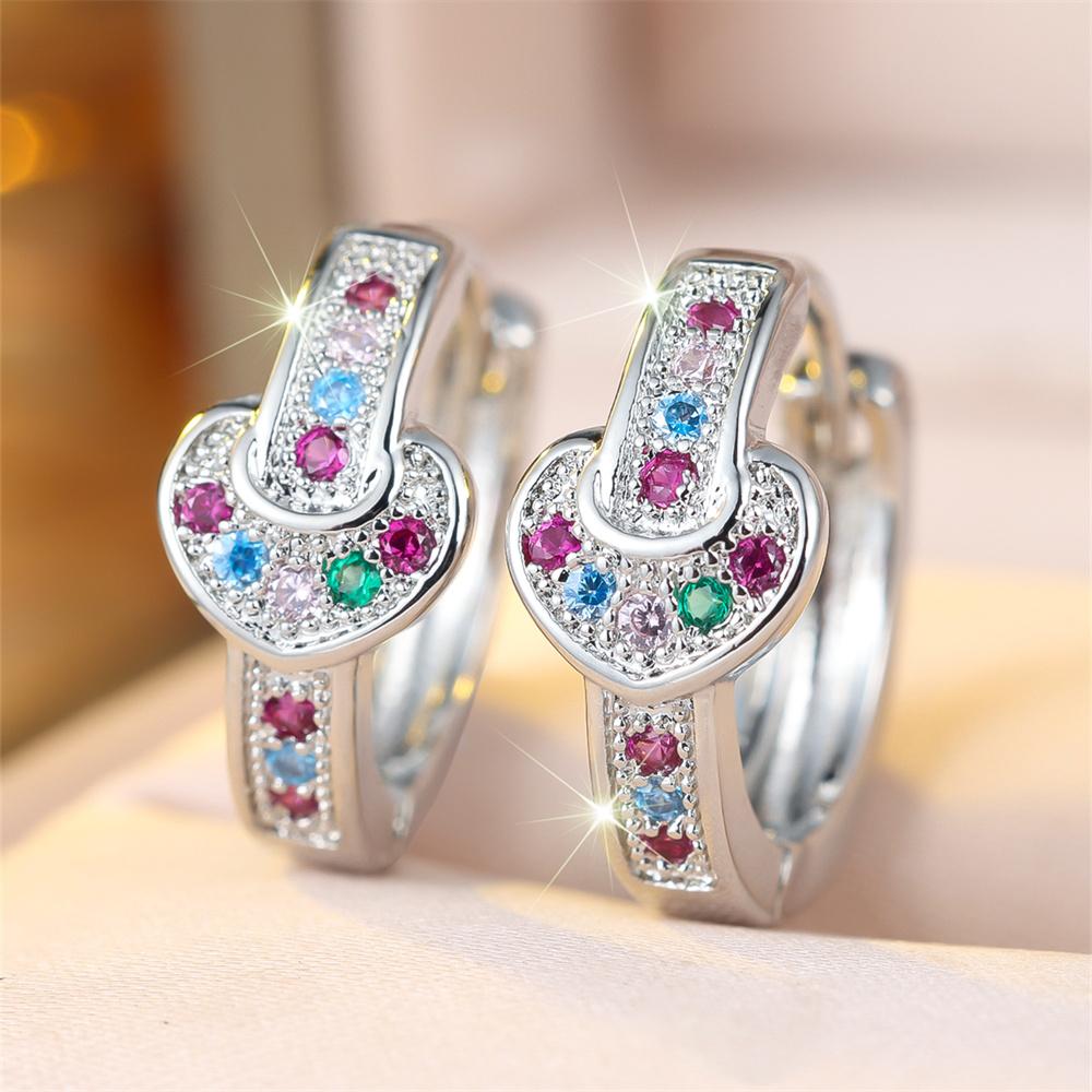 Round Stone Multicolor Zircon Love Heart Hoop Earrings For Women Vintage Gold Silver Color Ear Buckle Wedding Party Jewelry Gift