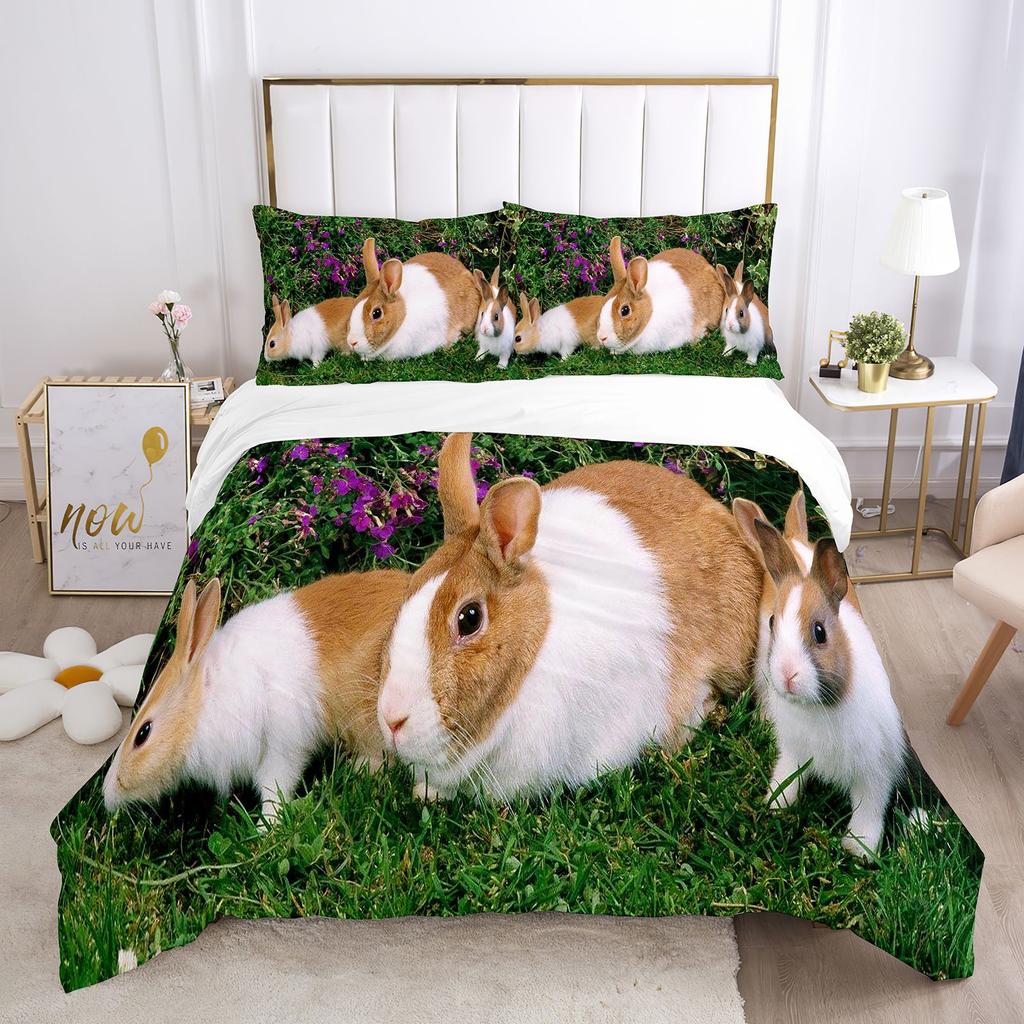 Rabbit Comforter Duvet Cover Set Lovely Little Rabbit Decor Bedding Set For Kid Girl Polyester Animal Theme King Comforter Cover