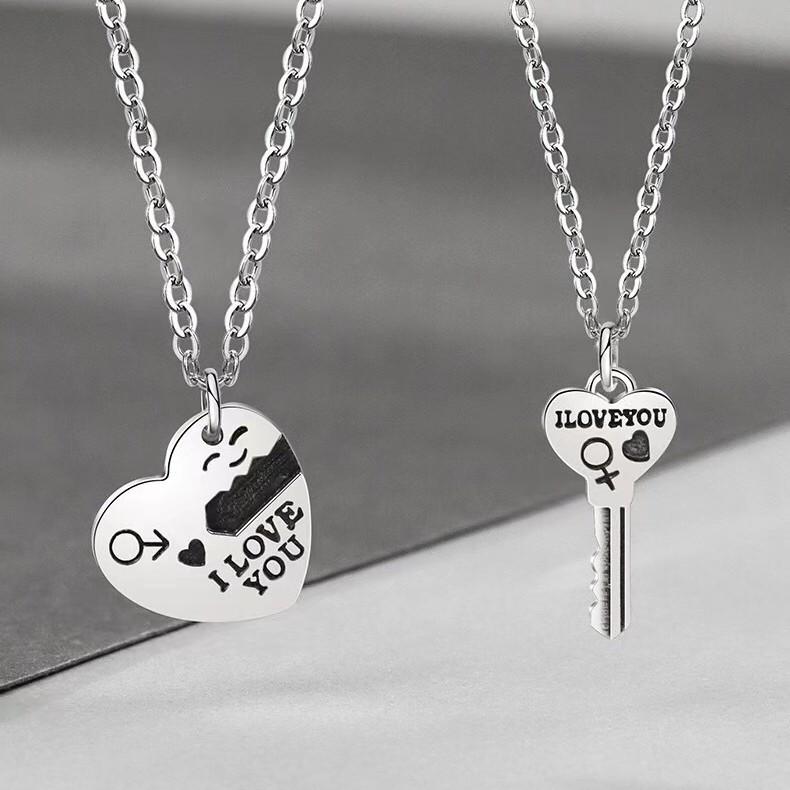 S925 Sterling Silver Personalized Concentric Heart Lock Couple Necklace Pair Silver - Male