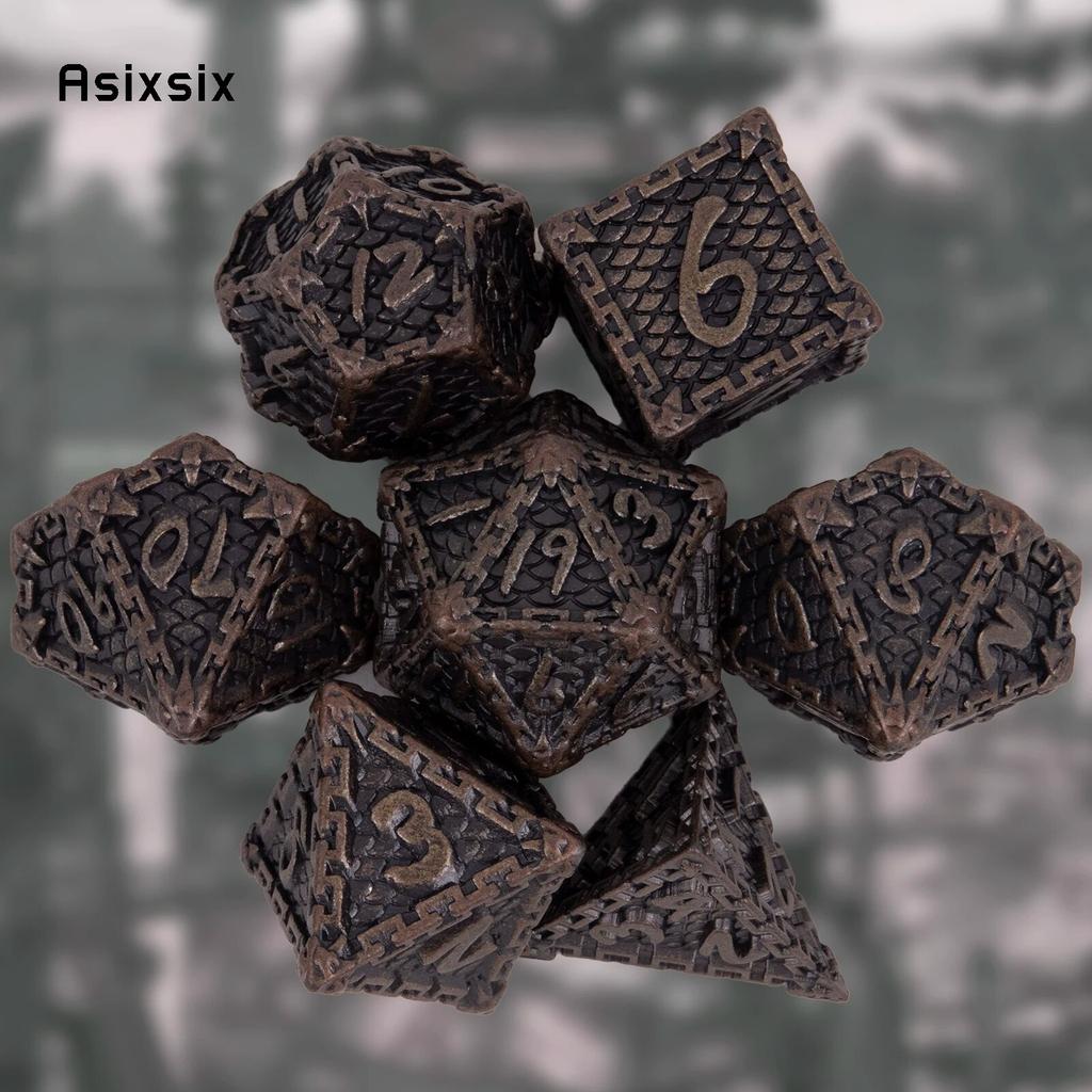 7 Stück braune Fischschuppen-Metallwürfel aus massivem Metall, polyedrisches Würfelset, geeignet für Rollenspiele, RPG-Brettspiele, Kartenspiele