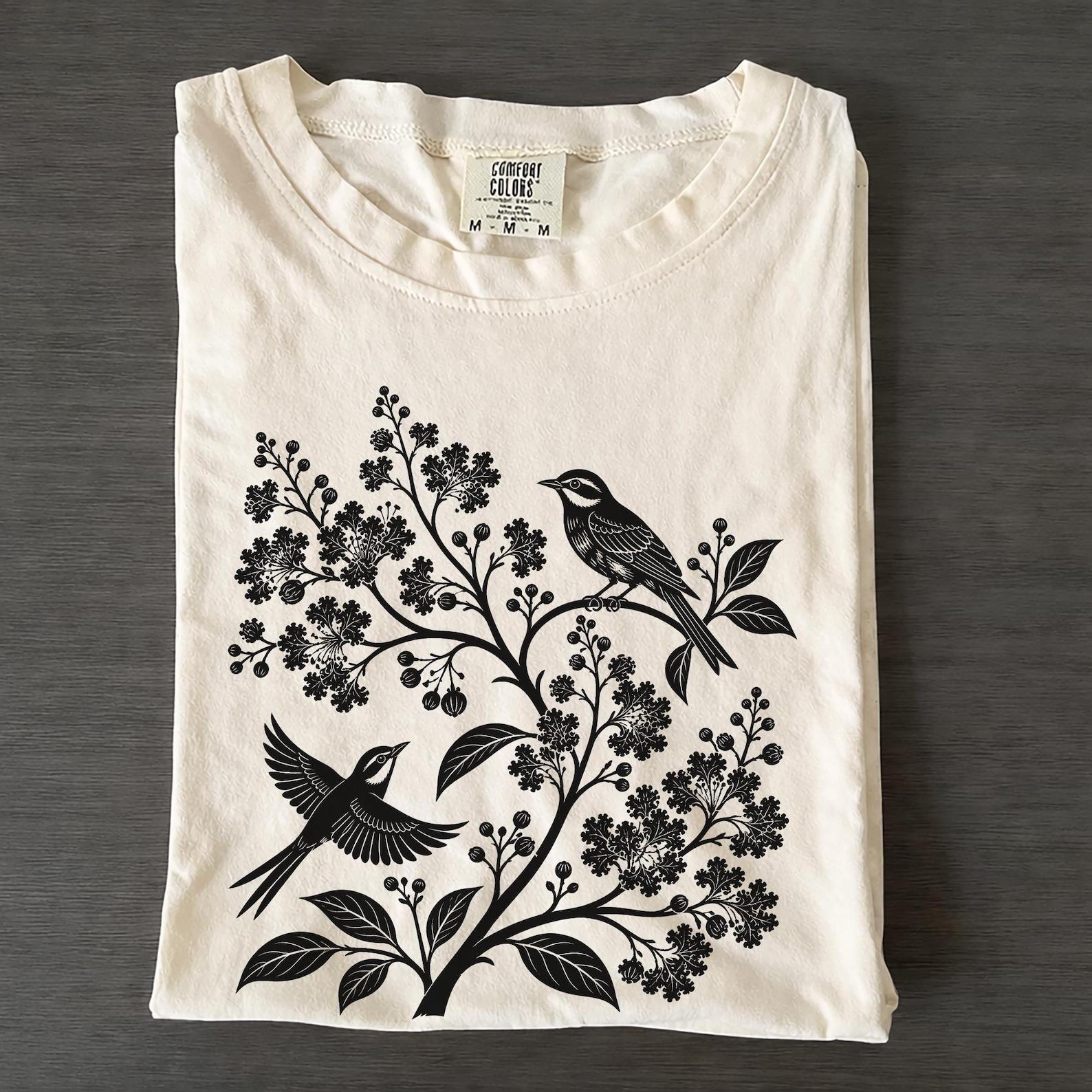 Vintage 90s Linocut Birds Botanical T-Shirt, Nature Lover Unisex Top, Streetwear T-Shirt 4XL