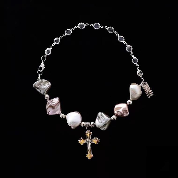 

Набор из натурального жемчуга в стиле барокко с подвеской в ​​виде креста с бриллиантами, ожерелье, холодный ветер, хип-хоп, индивидуальные аксессуары для пар