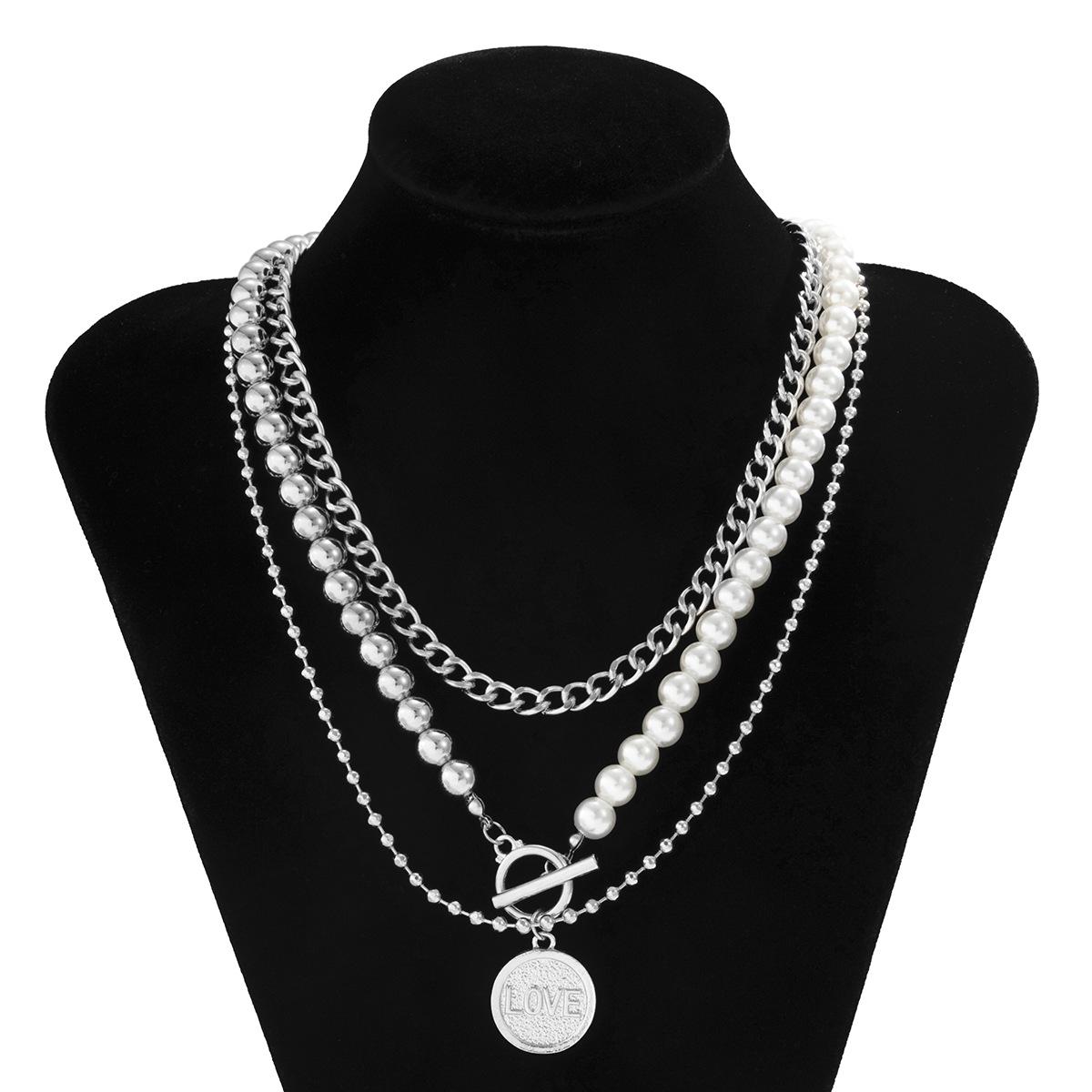 Vintage Imitation Pearl Splicing Necklace Multi-layer LOVE Letter Collarbone Chain Elegant OT Buckle Necklace Silver 03092