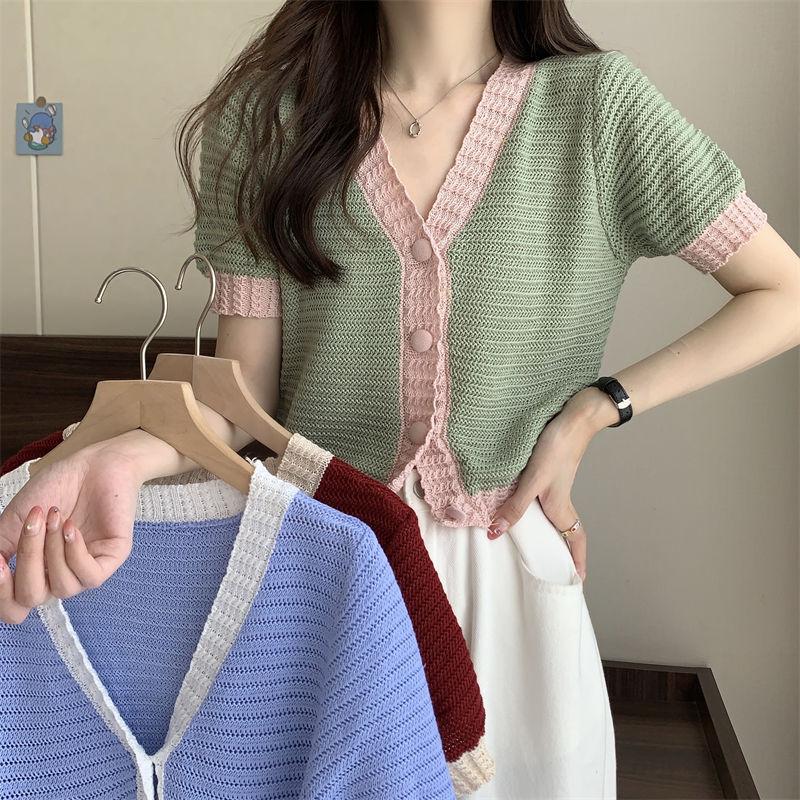 Blue Short Sleeved Knitted Sweater Women's Summer Thin Cardigan Design Sense Short Knitted Top