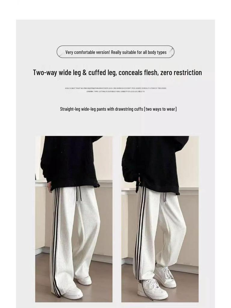 Women's American-Style High-Waisted Wide-Leg Striped Sweatpants for Spring/Autumn