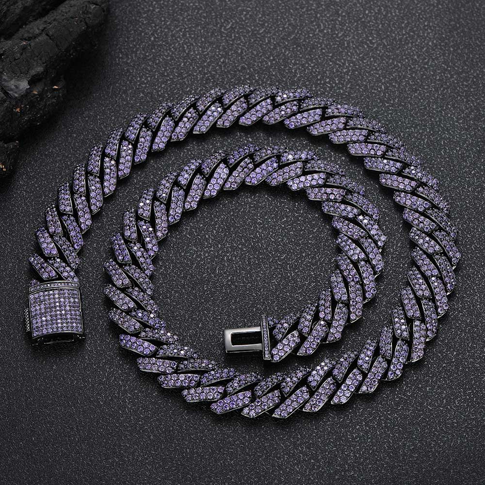 NUOYA Hip Hop Jewelry 15mm Black Plated Iced Out Purple Cubic Zirconia Two Row Diamond Prong Miami Cuban Link Chain Bracelet