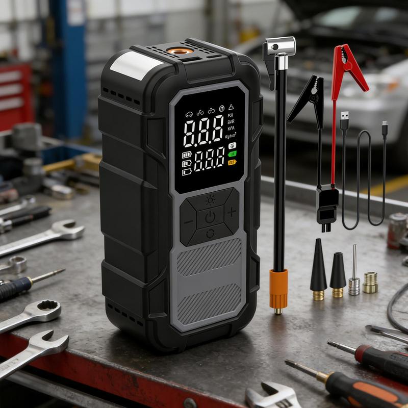 Car Emergency Jump Starter With Air Compressor Fast Charging Car Battery Power Pack With Jump Starter Cables