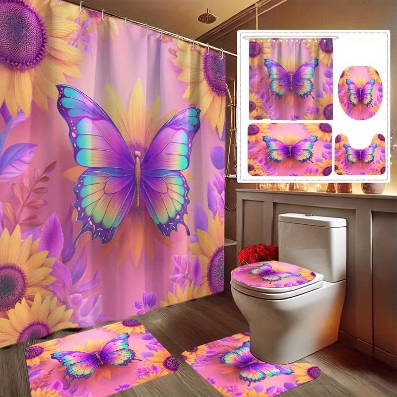 

4pcs Butterfly Dancing Flower Room Printed Shower Curtain Set, Decorative Bathroom Set Includes Shower Curtain, Non-Slip Floor 90x180cm