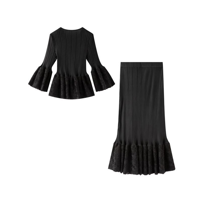 

Miyake Women s Slimming Pleated Suit Set: Stylish Mid-Length Skirt & Long Sleeve Top for Spring/Autumn One Size