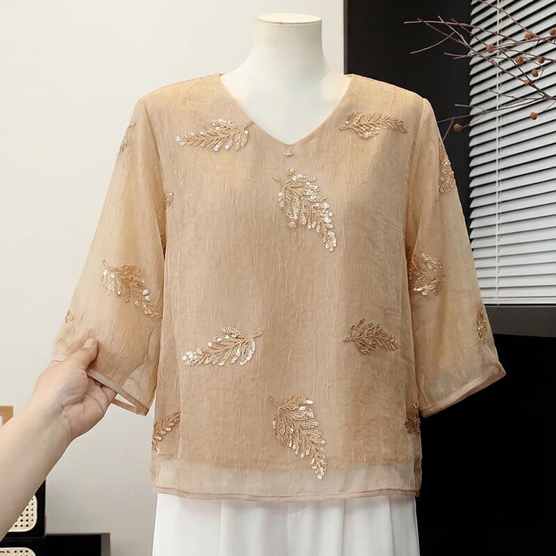 Xuexi Mom s 2026 Summer Embroidered Chiffon Blouse for Middle-Aged Women XL (105-120 lbs)