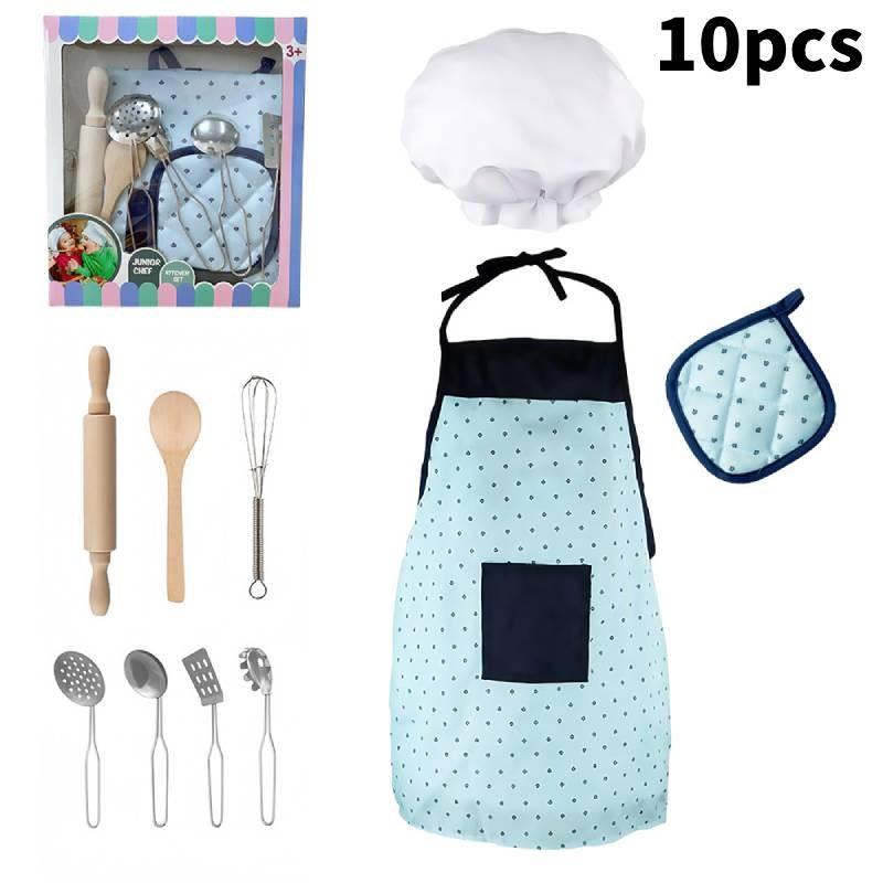 Kids Cooking Apron Set With Cutting Toys For Pretend Baking Activities Gift