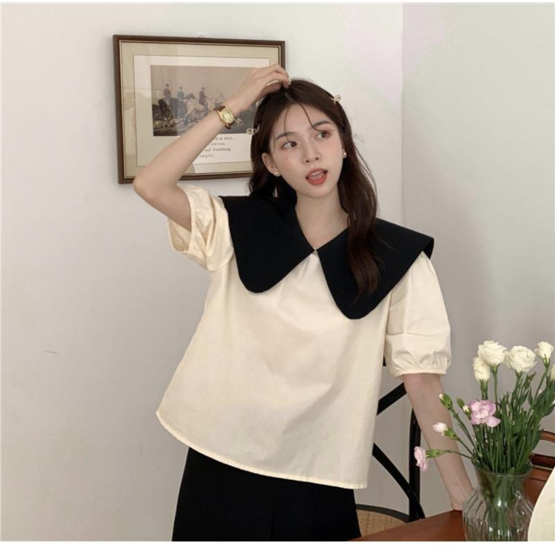 

Женская рубашка с бантом сзади и кукольным вырезом, короткий рукав, контрастный цвет, женский пуловер, летние женские шикарные рубашки XL чёрный