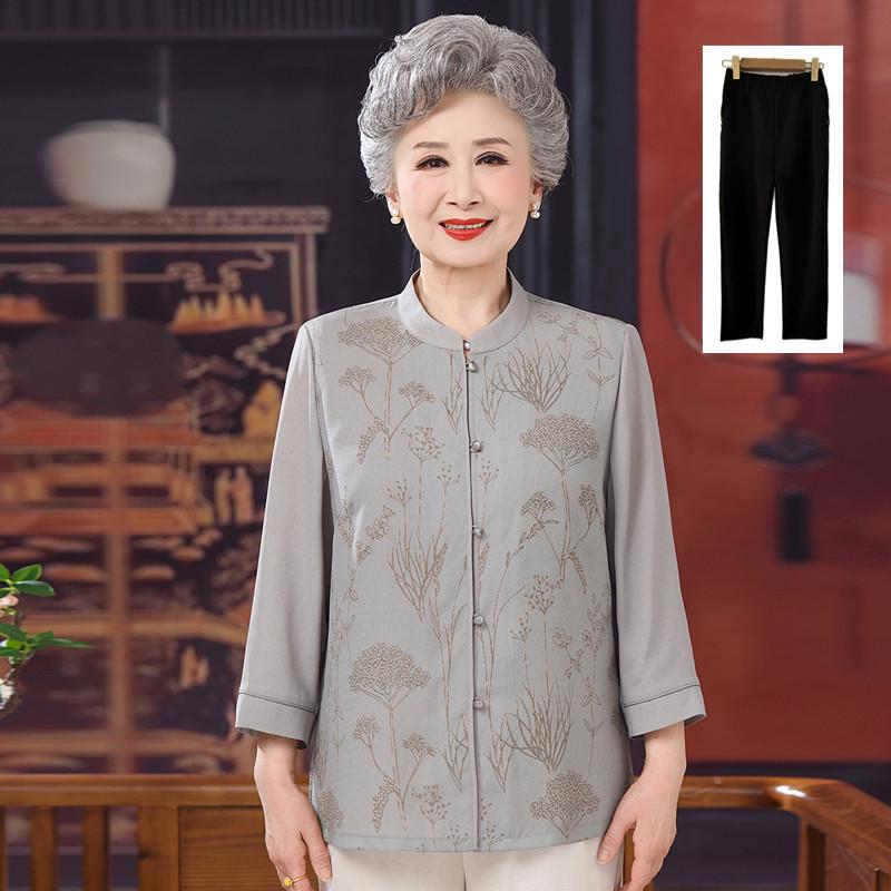 Chiffon Summer Shirt for Elderly Women: Chinese Style Round Neck Fashion.
