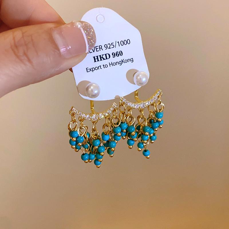 Boho Niebieskie Długie Kolczyki z Frędzlami Damskie Premium Świąteczne Wietrzne Haczyki na Uszy Retro Etniczne Wietrzne Kolczyki