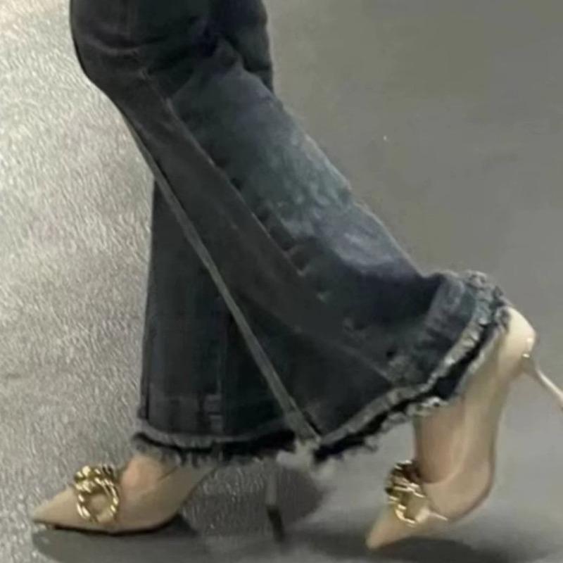 High Heeled Single Shoes Autumn New Pointed Toe Shallow Suede Metal Buckle Slip Anti-Slip Wear-Resistant High Heels