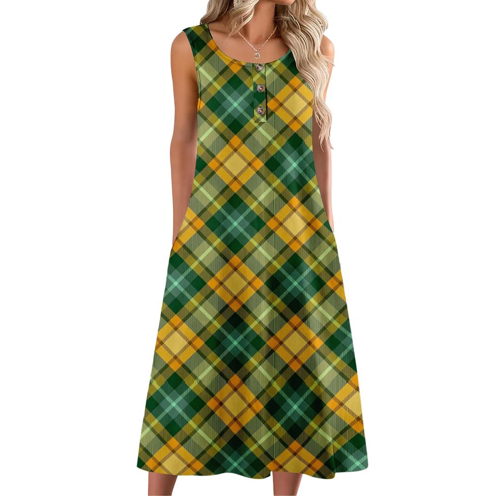 Women's Fashion Casual Sleeveless Button Plaid Print Dress with Pocket