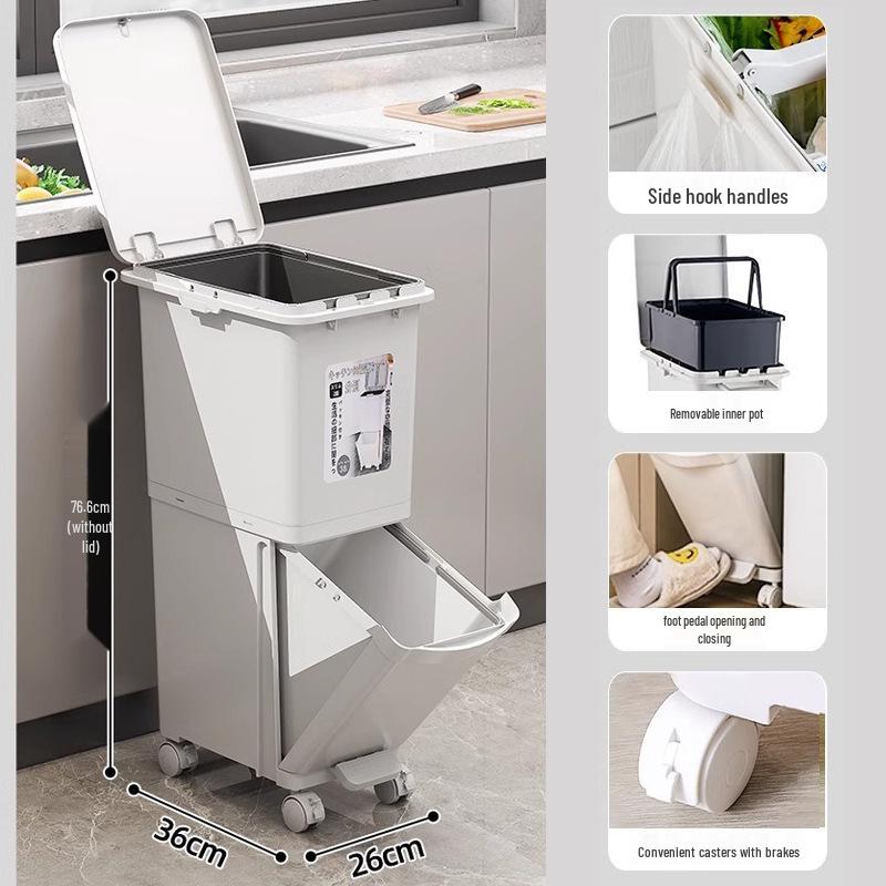 Japanese Style Odor-Proof Double-Layer Trash Can: Large Vertical Bin with Lid, Wet & Dry Separation, Dual Inner Liners.