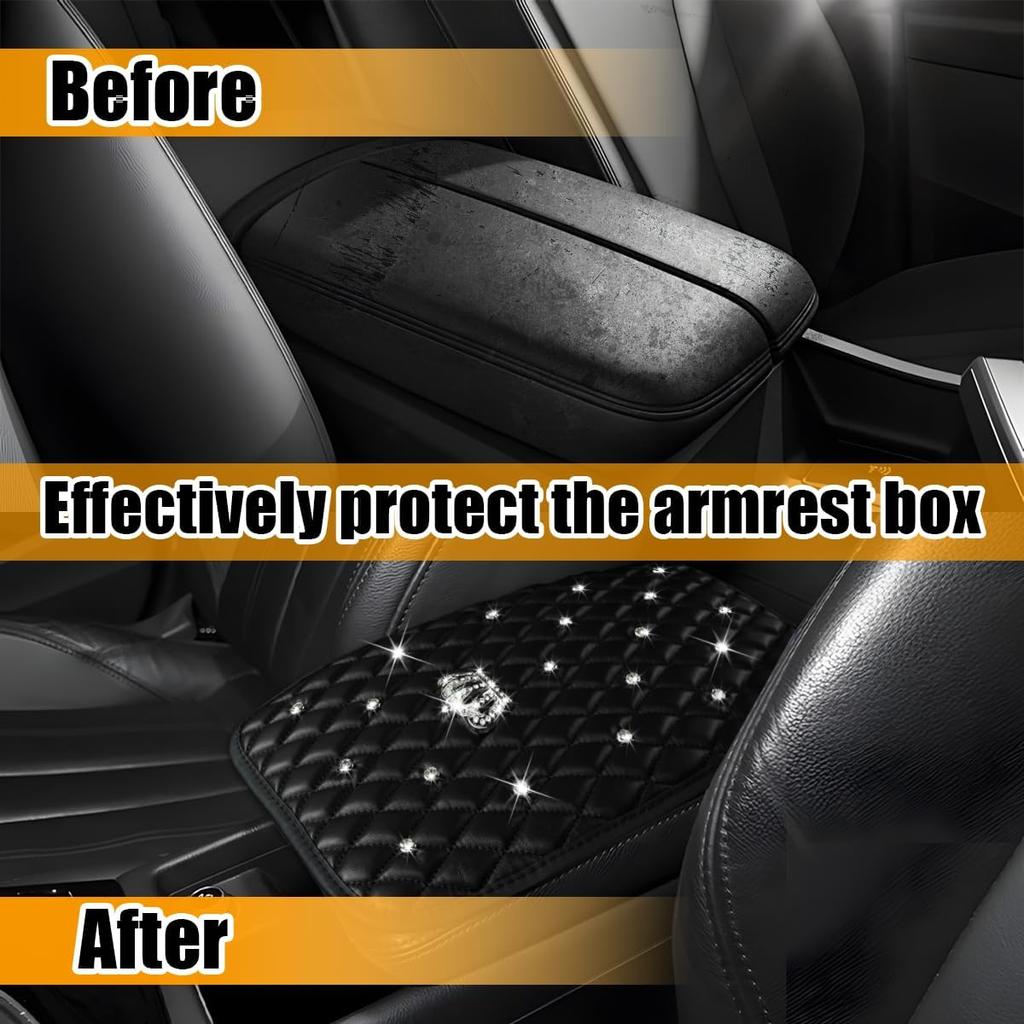 Mandark Bling Car Center Console Cover, Rhinestones Crown Vehicle Armrest Seat Box Mat Pad, Diamond Automotive Interior Arm Rest Cushion Protector