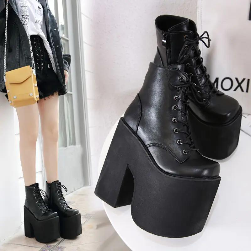 

Hentian High Thick Heel Short Boots Women s European and American Fashion New Style Stage Show Large Size Slope Heel 35