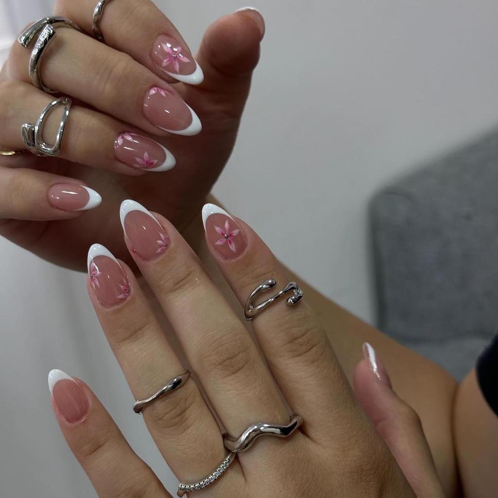 24-Piece Set: French White Floral Almond Press-On Nails with Detachable Tips