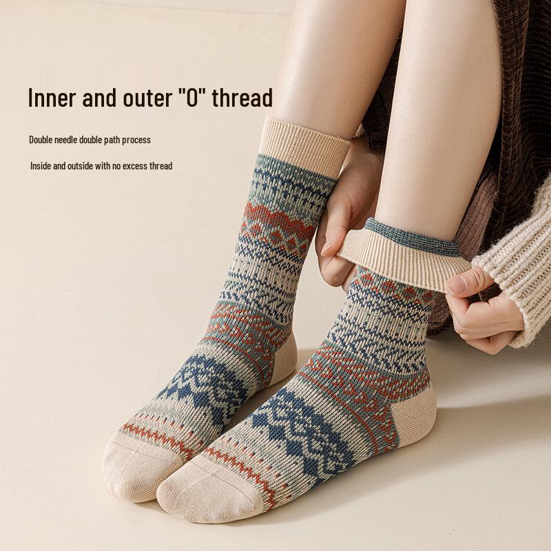 Autumn/Winter Retro Women's Y2K Mid-Calf Pile-Up Socks: Ethnic Style, Double-Needle, Odor-Resistant Cotton.