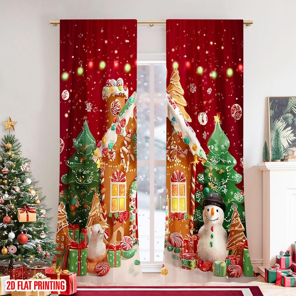 Flat Printing Merry Christmas Popular Curtain Gingerbread House Scene Artwork Polyester Fabric Without Set Of 2 Made Washable