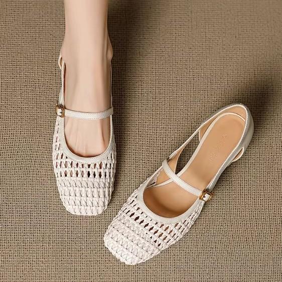 Great Good To Wear French Single Shoes Women's Spring and Summer Hollow Woven Square Head Medium Heel Thick Heel Leather Beige Sandals Women