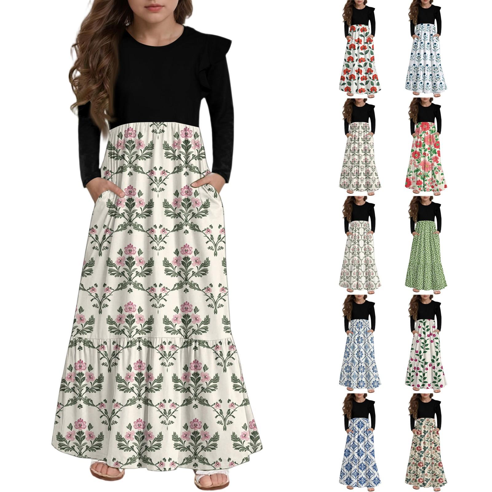 

Girls Tiered Ruffle Dress - Long Sleeve Printed Maxi With Pockets 160 Кіновар