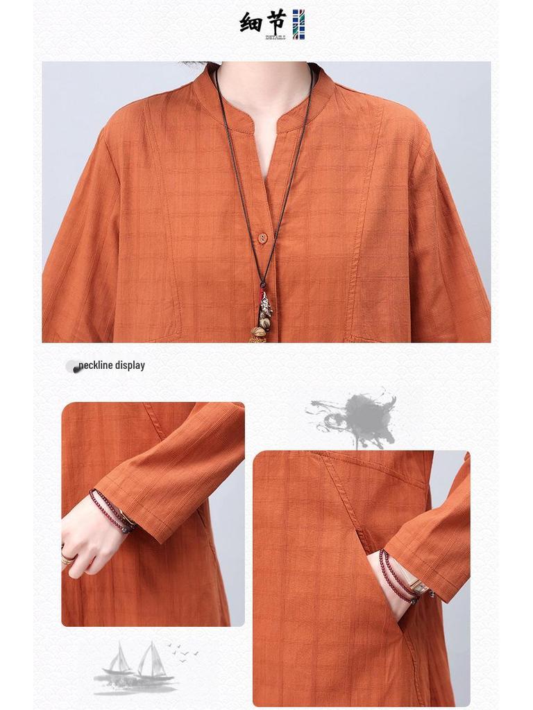 2024 Casual Loose-Fit Pure Cotton Dress for Middle-Aged Women: Long-Sleeved, Belly-Covering, Age-Reducing for Spring and Autumn