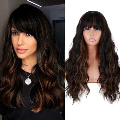 Black and Brown Synthetic Fiber Long Wavy Wig with Bangs for Daily Wear Cosplay Party Time Ombre Color Wavy Long Wig