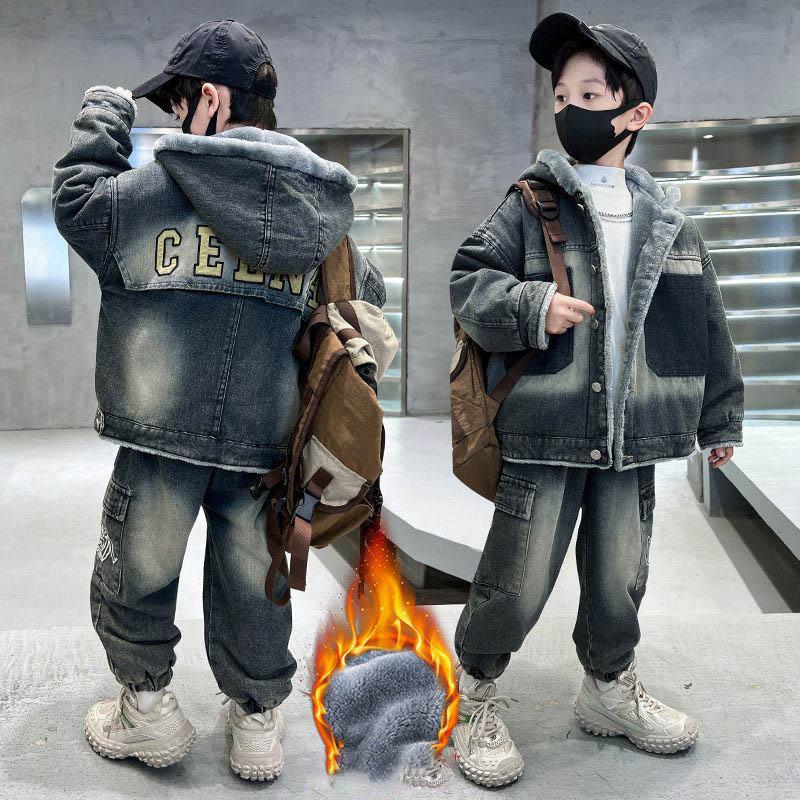 

Зимняя флисовая куртка в корейском стиле для мальчиков, толстый джинсовый комплект-двойка для детей среднего и старшего возраста 120