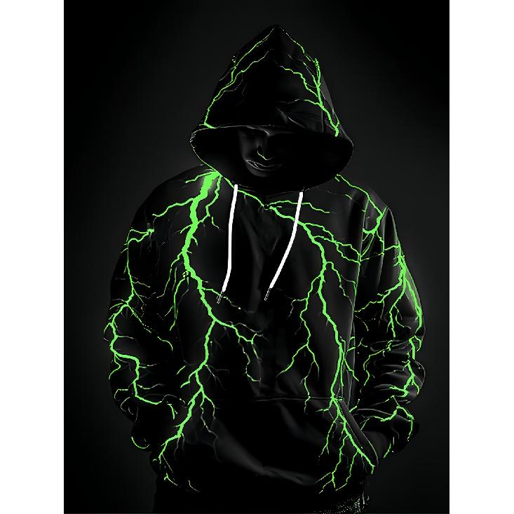 Men 3D Lightning Print Hoodie Casual Sports Knit Sweatshirt With Drawstring Pockets for Spring Autumn Winter