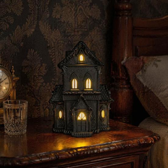 Gothic Inspired Interior Decor Lighted Halloween Village House Statue with LED Light, Unique Tabletop Piece Black Spooky Figurine for Holiday