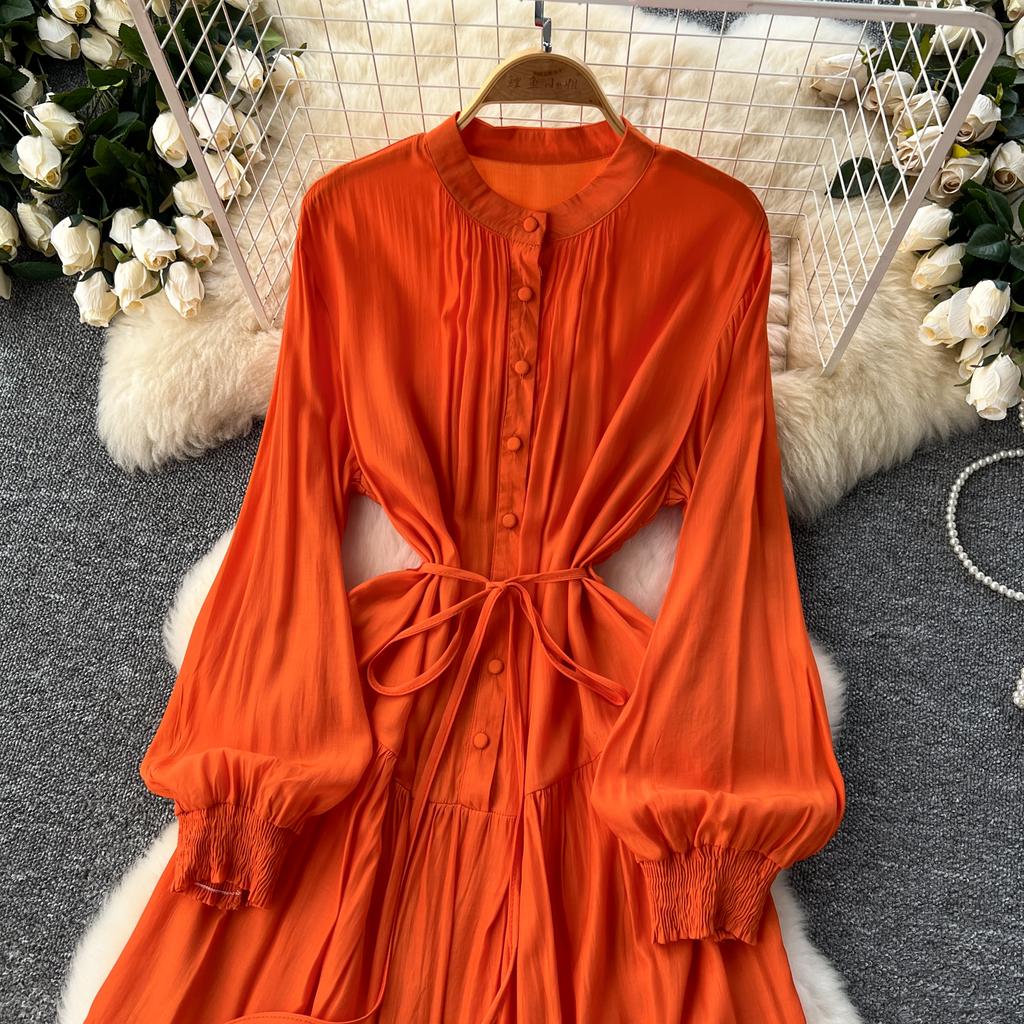 Frenchic Vintage Maxi Dress Women Stand Collar Lantern Sleeve Lace-up Female A-line Elegant Dresses Spring Autumn