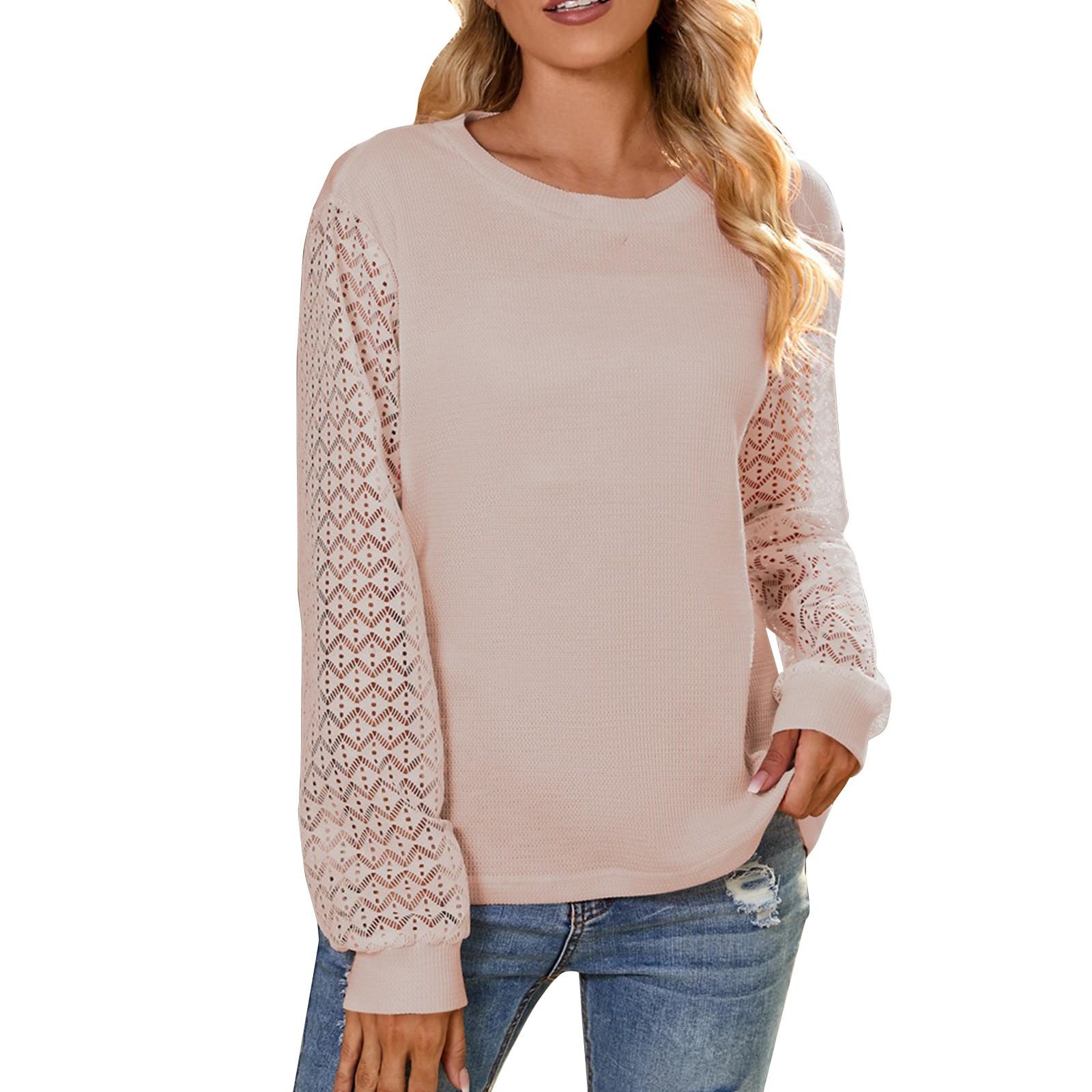 

Женская модная футболка, однотонный круглый вырез, пуловер с баской, повседневный трикотажный кружевной топ XXXL