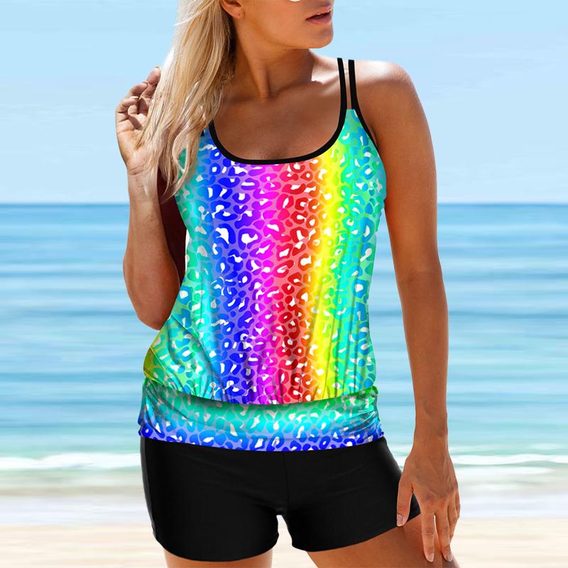 Women's Shoulder Strap Swimsuit Black and Blue Stripes Print Bikini Tankini Swimsuit