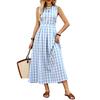 Women's Sleeveless Plaid Dress Round Neck Waist Cinched Midi Length Casual Summer Dress with Pockets and A-Line Silhouette