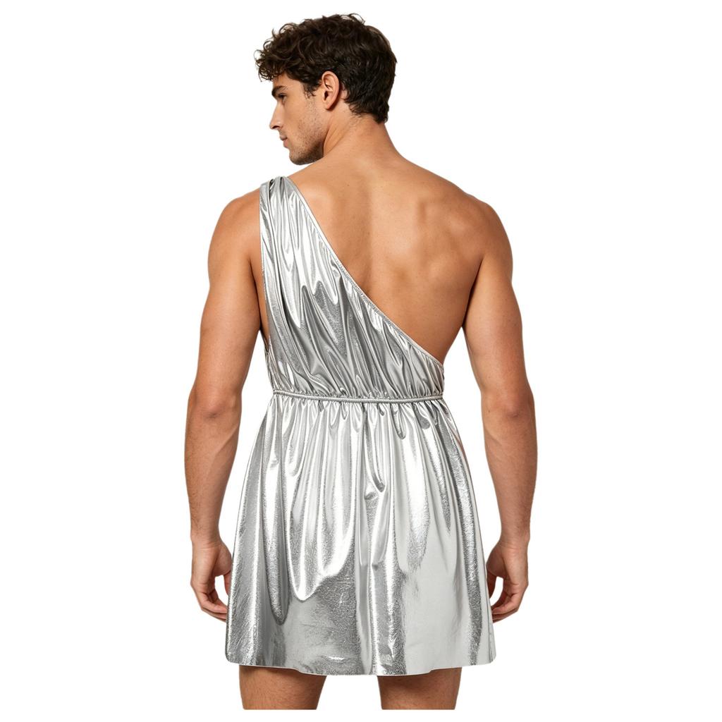 Herren Antikes Griechisch-Römisches Metallisch Glänzendes Toga Kostüm Ein Schulter Elastische Taille Tunika Kleid