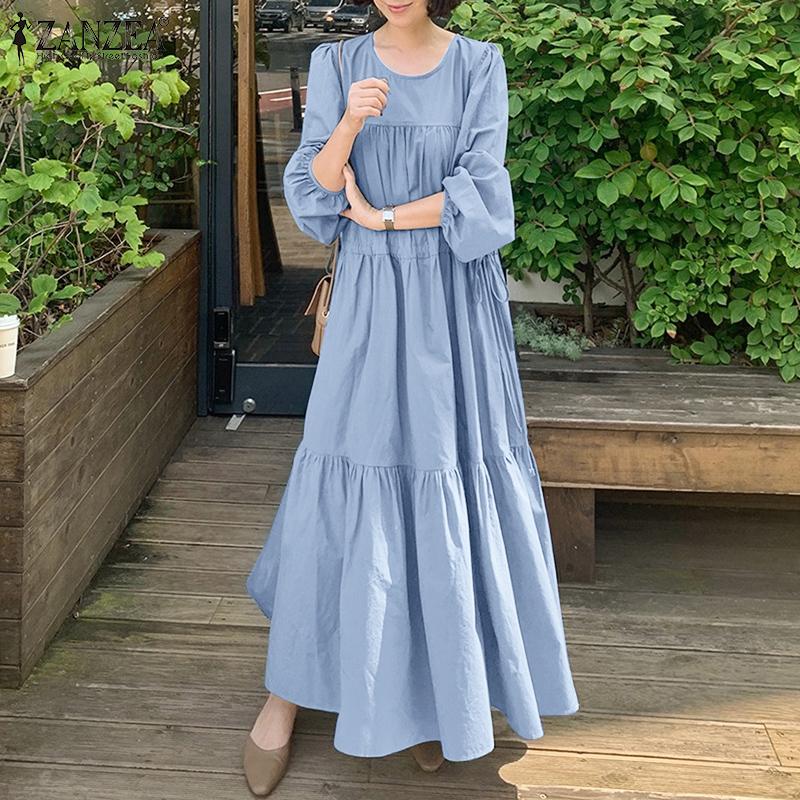 

ZANZEA Женское повседневное свободное весеннее платье с круглым вырезом и длинными рукавами