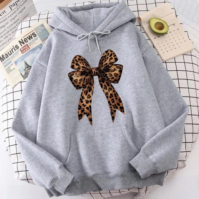 Bow Heart Love Leopard Print Hoodies Long Sleeve Funny Sweatshirts Streetwear Women's Casual Graphic Hooded Pullovers Clothes