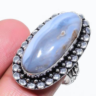 Natural Blue Lace Agate Gemstone 925 Sterling Silver Gift Ring Size 8 h9S04