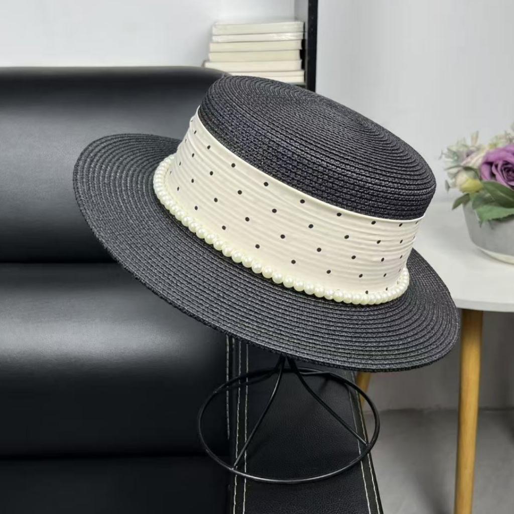 French Vacation Style Polka Dot Flat Top Top Hat Women's Summer Elegant Pearl Straw Hat Travel Seaside Sun Protection Hat
