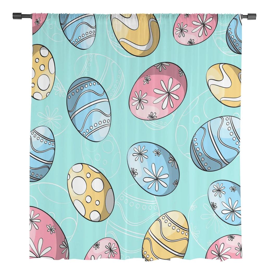 Easter Egg Blue Background Tulle Curtains for Living Room Bedroom Voile Sheer Curtain Window Home Decor Drapes