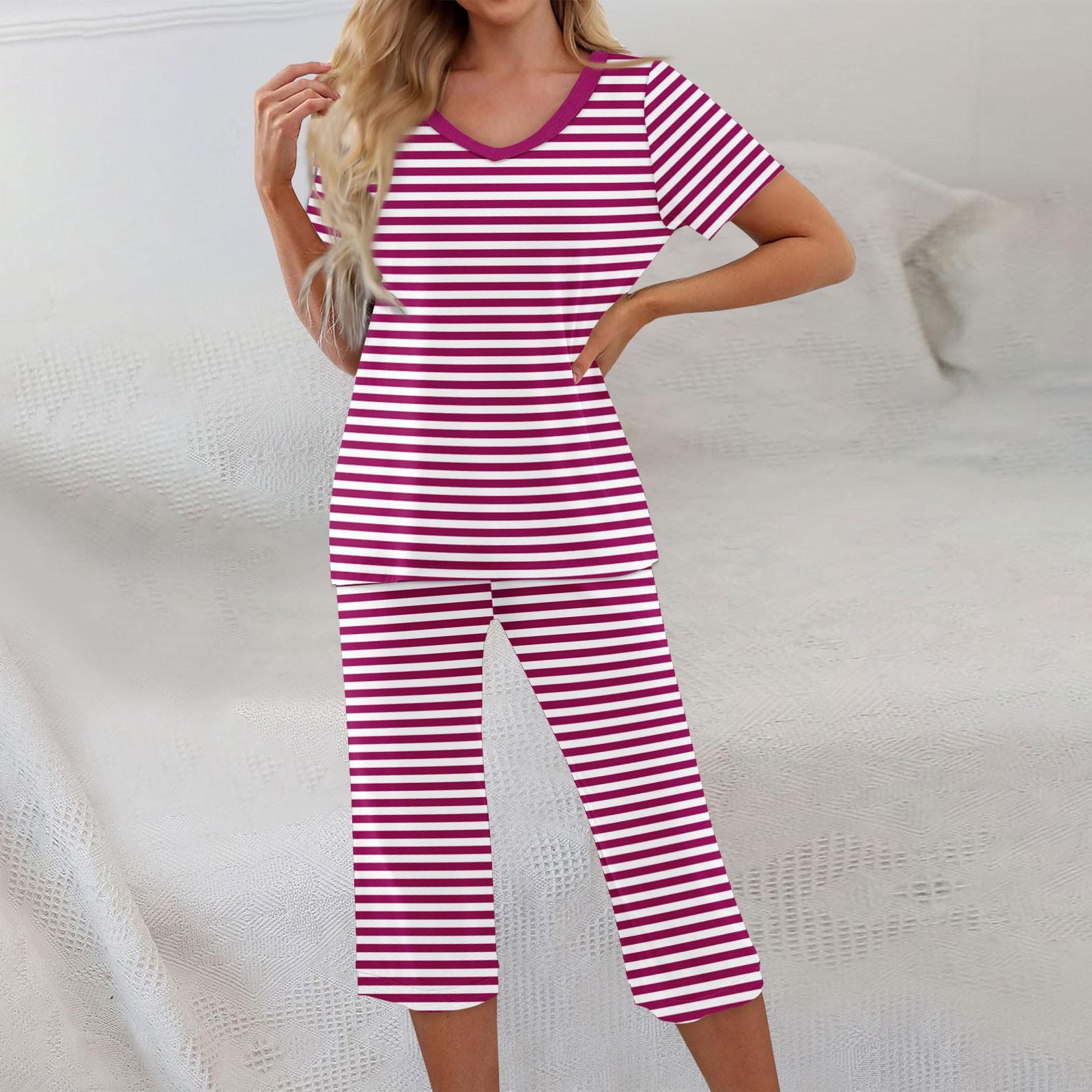 

2 Piece Sets For Women Short Sleeve Top And Pants With Pockets Workout Soft Stripe Print Sets XXL