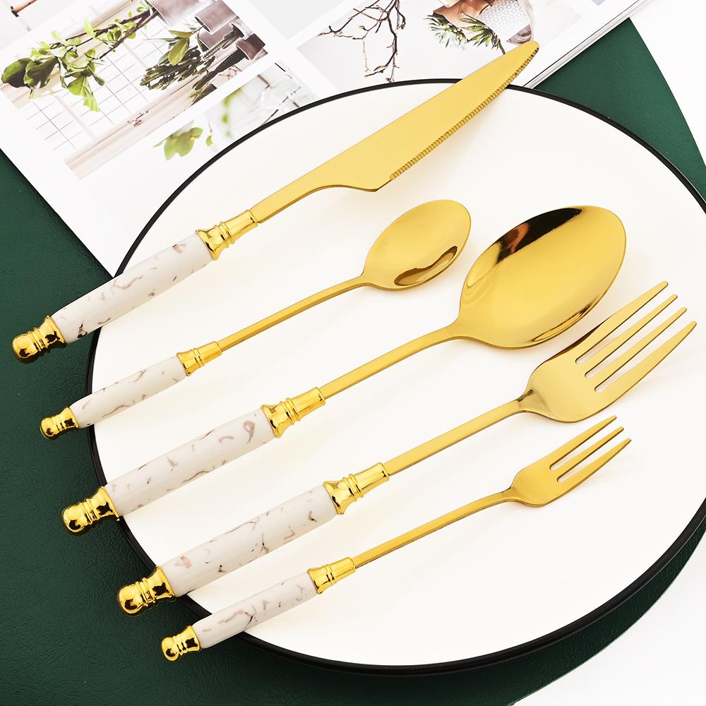 6pcs White Gold Dessert Vegetable Fruit Forks Stainless Steel Cutlery Ceramic Handle Dessert Cake Fork Dinnerware Set