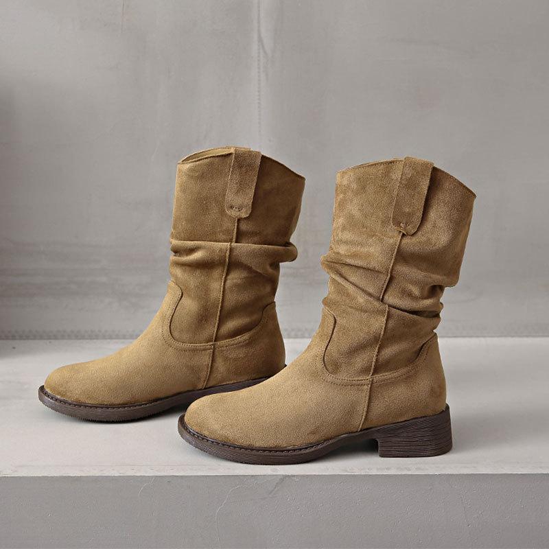 Fashion pleated piled boots autumn and winter new Maillard western cowboy short boots women's thick heel round head short boots